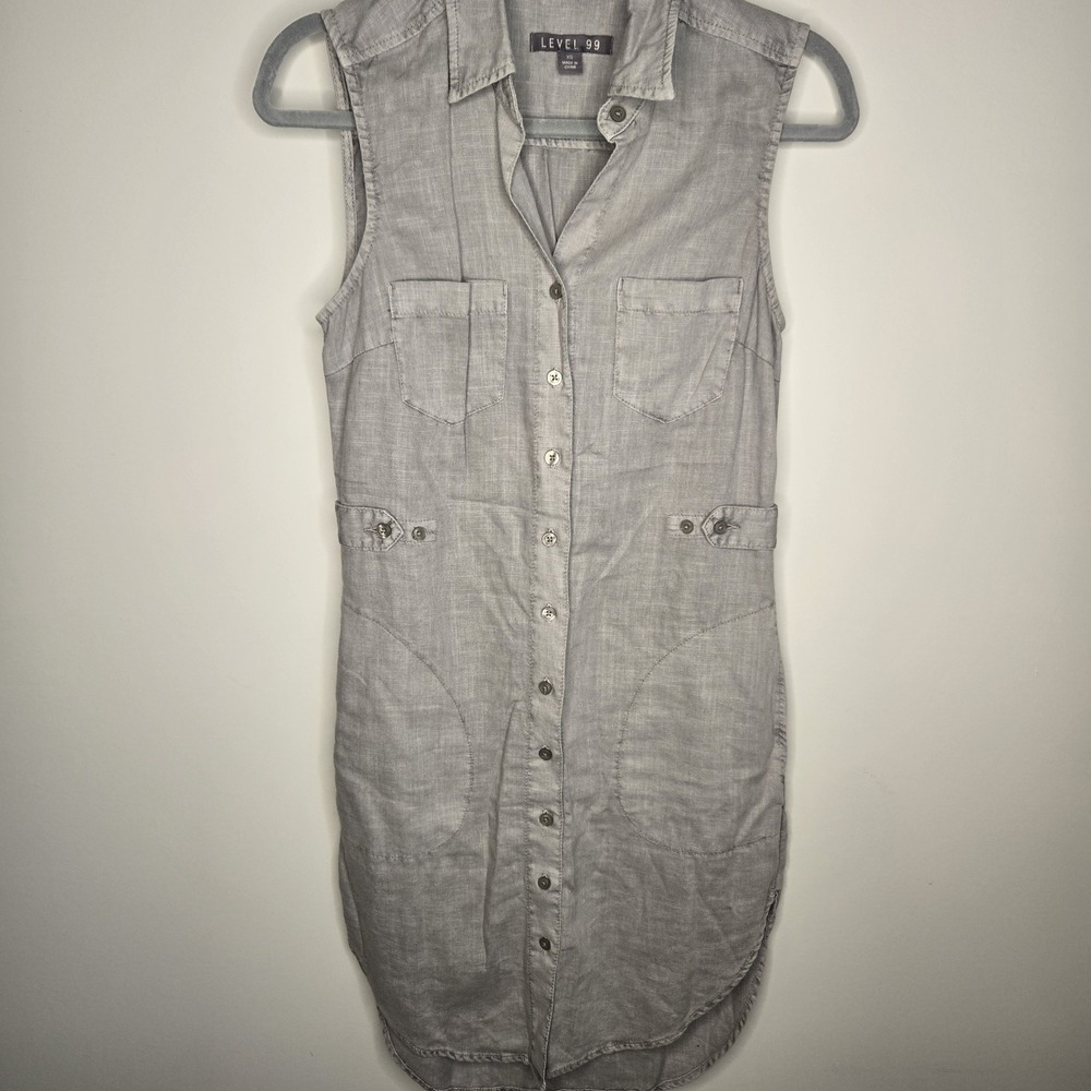 Level 99 Gray Military Grunge Linen Blend Shirt Dress Sz XS Button Up Mini - Picture 2 of 11